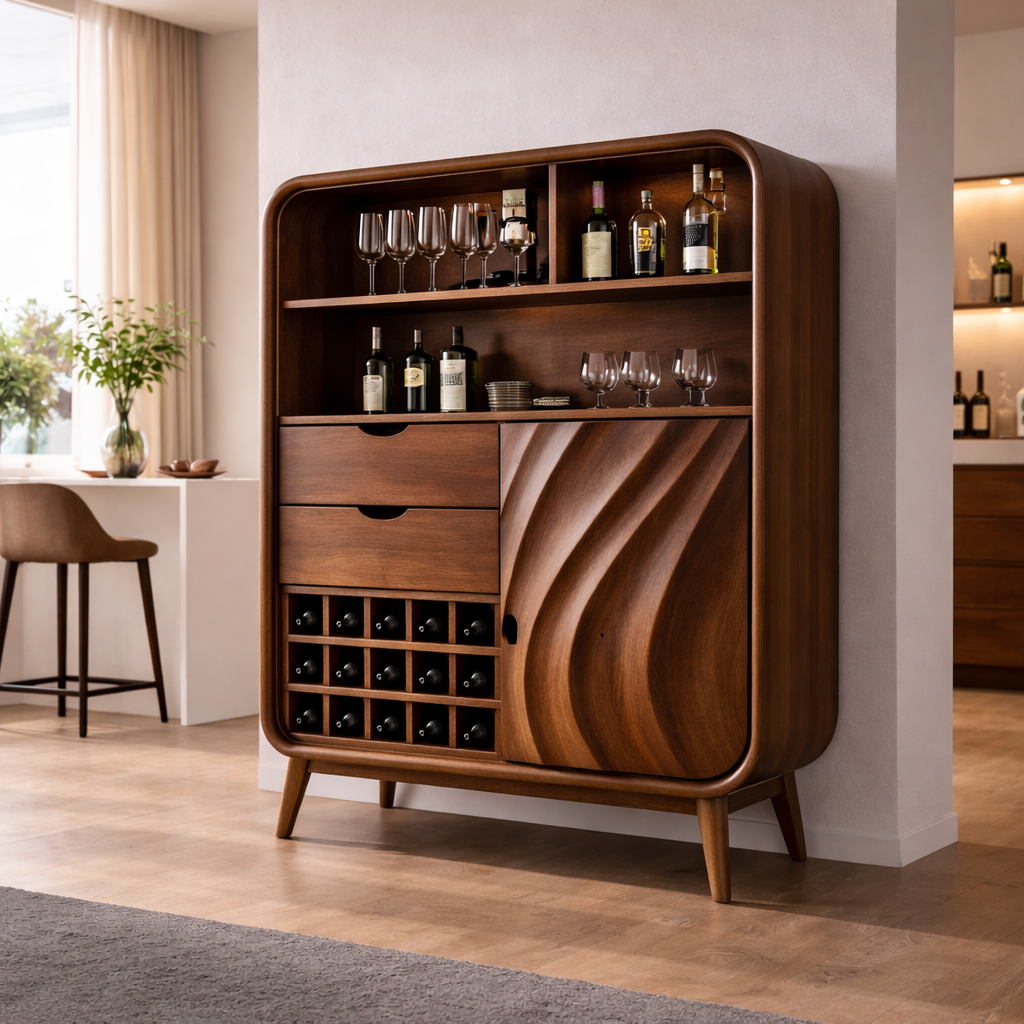 Solid Wood Bar Cabinet with Wine Rack & Curved Frame – Mid Century Modern Liquor Cabinet