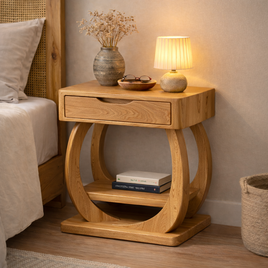 Solid Wood Nightstand with Drawer and Shelf – Modern Sculptural Bedside Table