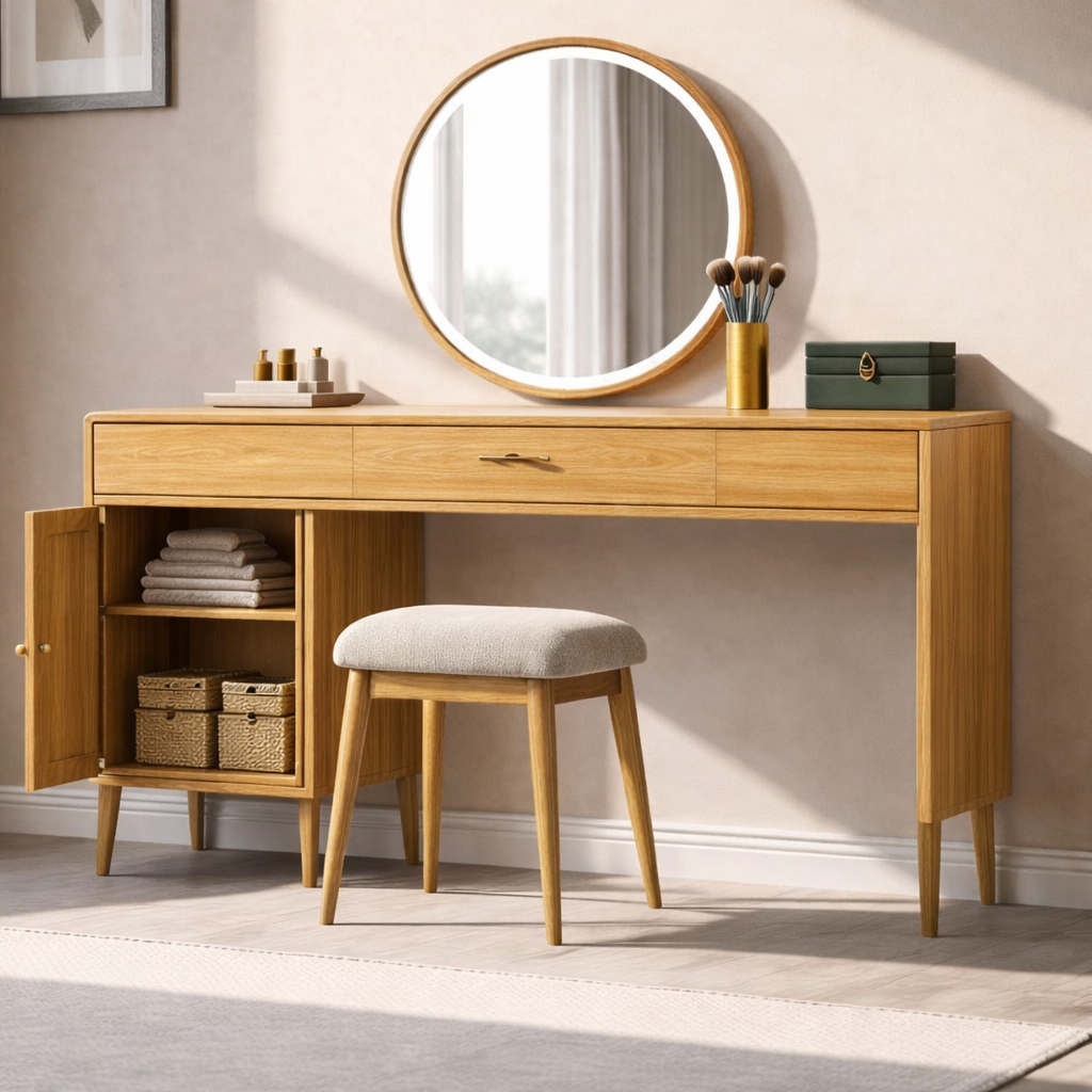 Sleek Solid Wood Makeup Vanity with Spacious Storage – Modern Design