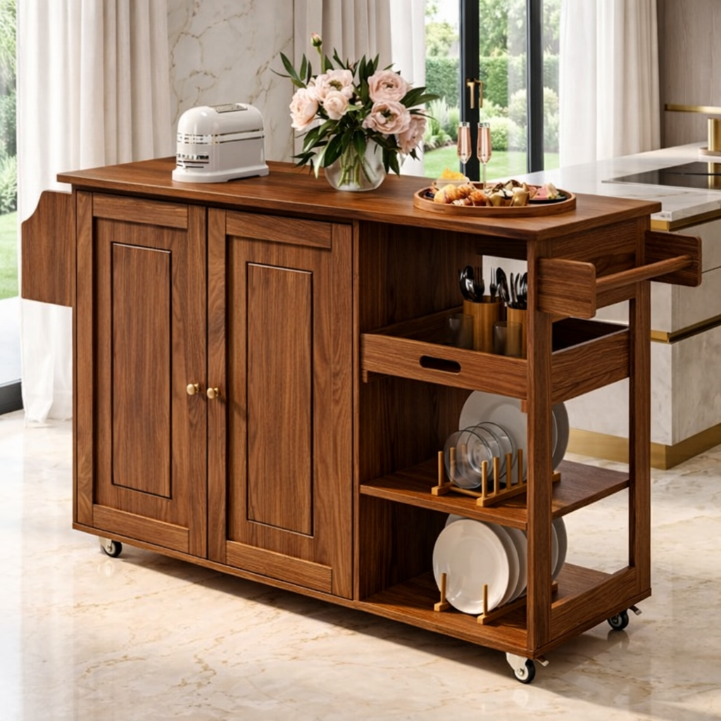 Rolling Kitchen Island with Storage Cabinet, Pull Out Tray, Modern Prep Cart for Dining Space