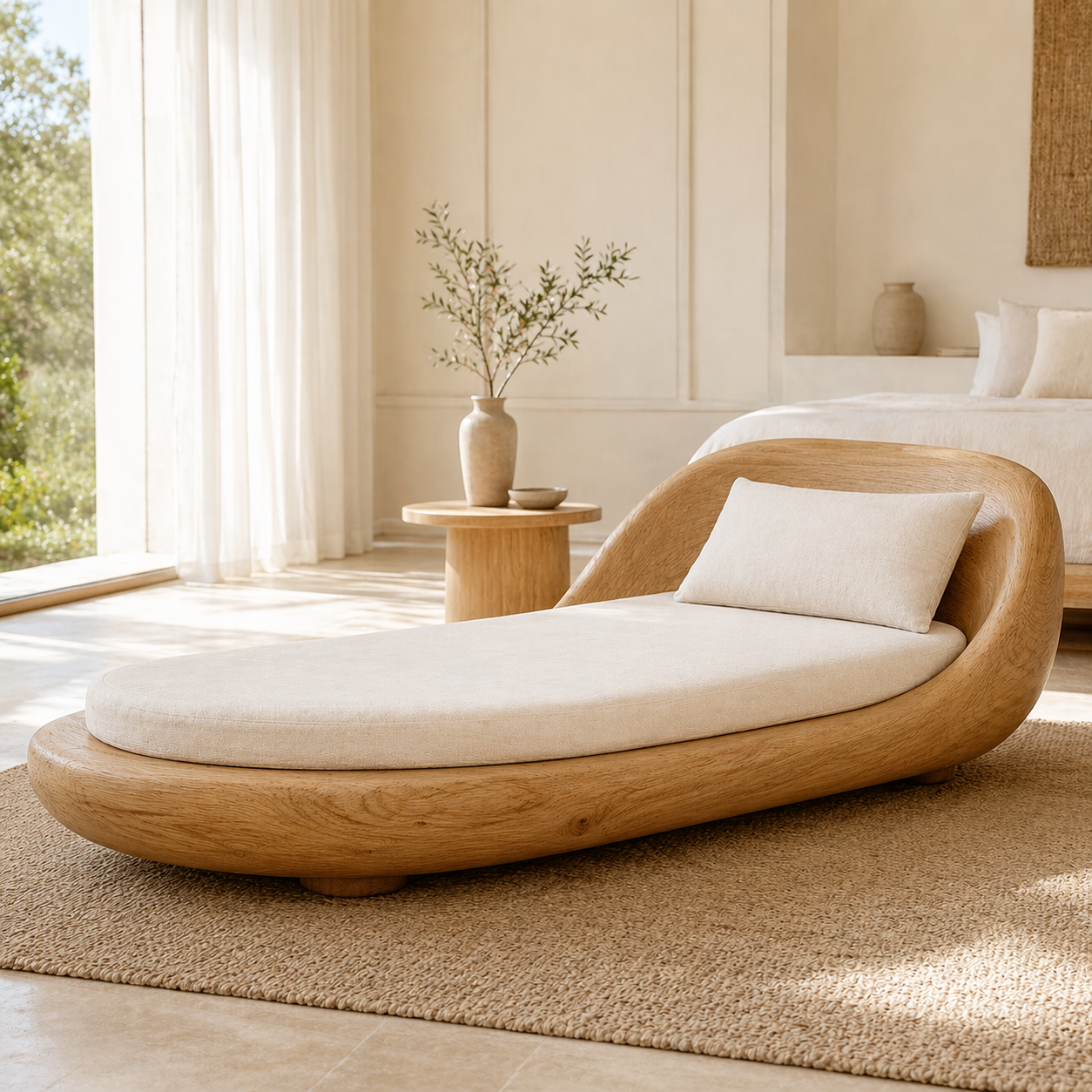 Modern Curved Chaise Lounge Sculptural Daybed with Cushion for Bedroom Decor