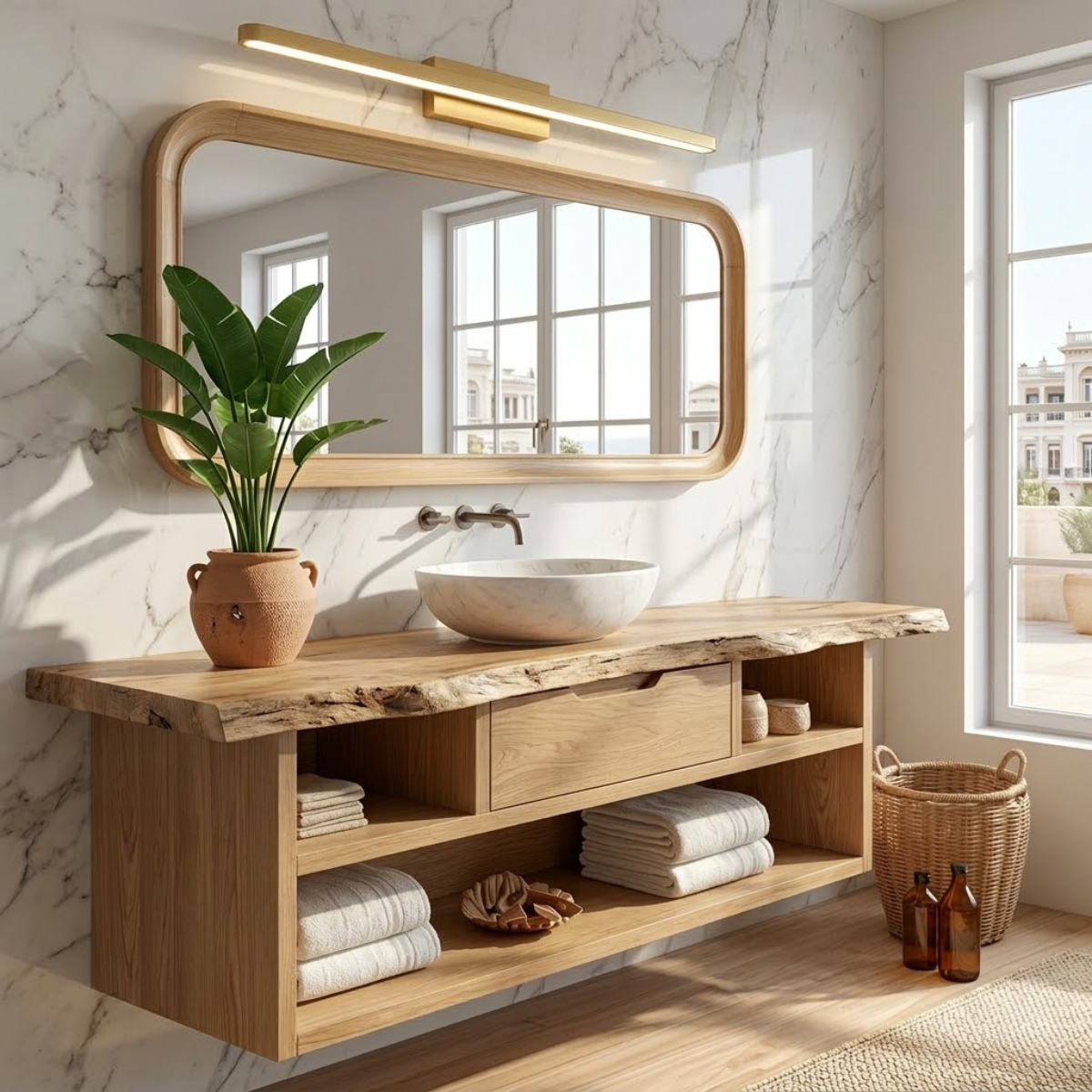 Modern Floating Vanity with Walnut Wood, Marble Sink, and Spacious Storage