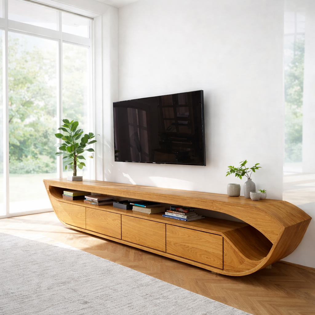 Solid Wood Media Console with Curved Ends & Drawers, Modern Low TV Stand