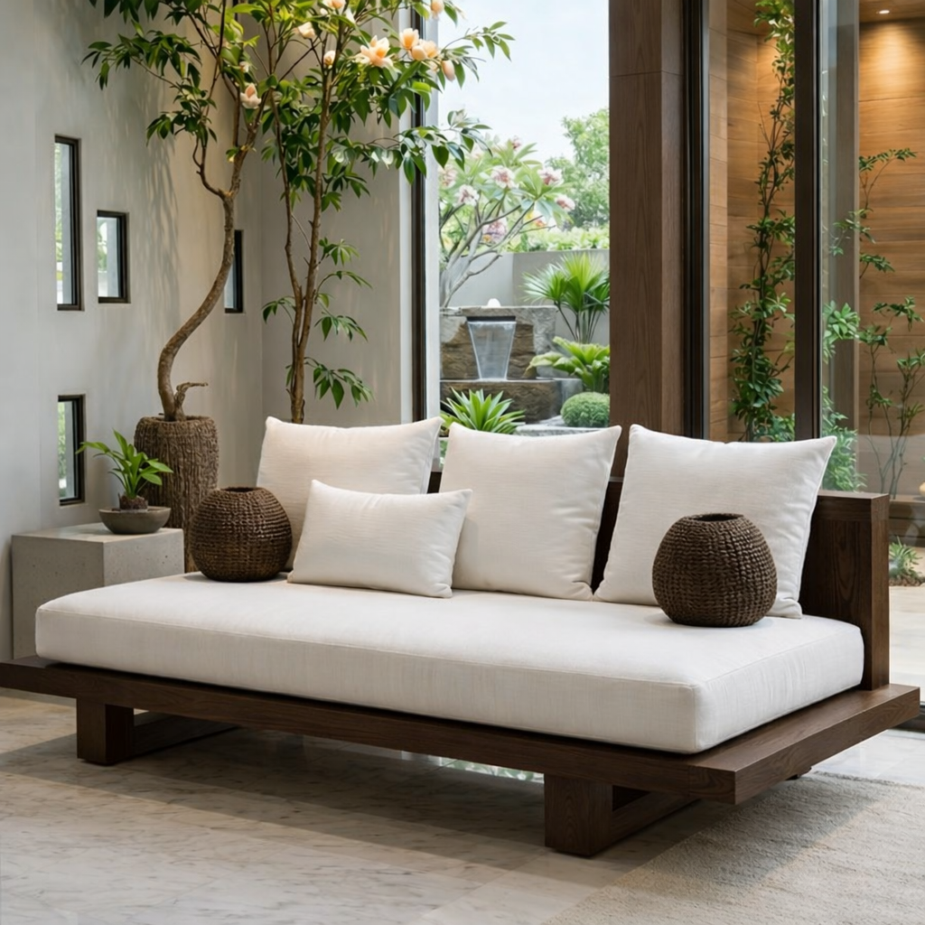 Modern Minimalist Solid Wood Daybed Sofa with White Linen Cushions Zen Style Couch