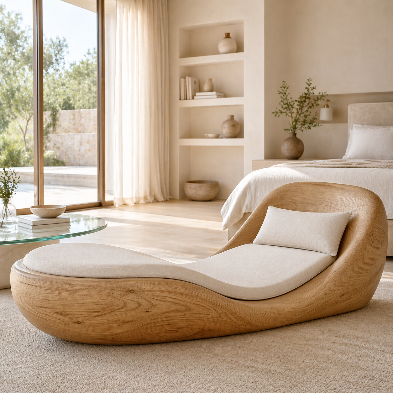 Modern Curved Chaise Lounge Sculptural Daybed with Cushion for Bedroom Decor