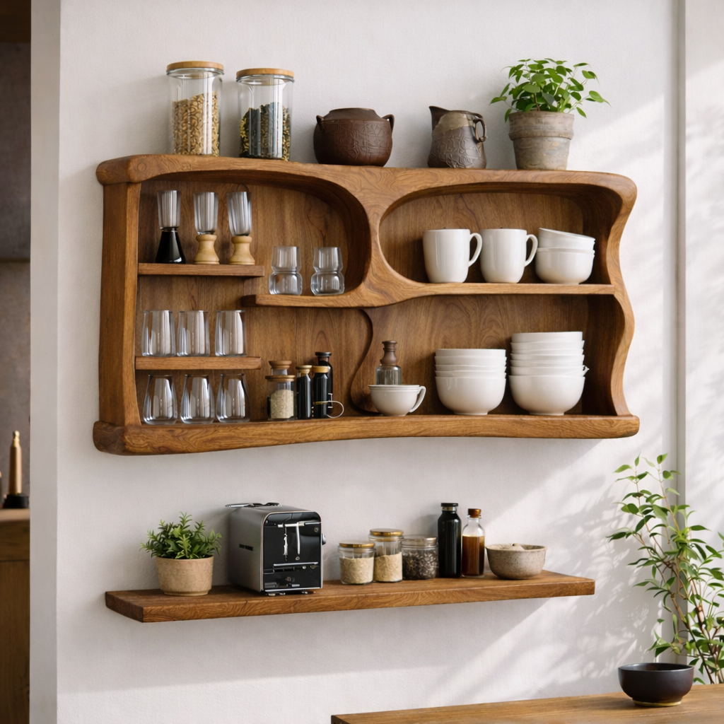 Solid Wood Kitchen Cabinet Shelf – Modern Open Wall Storage with Curved Design
