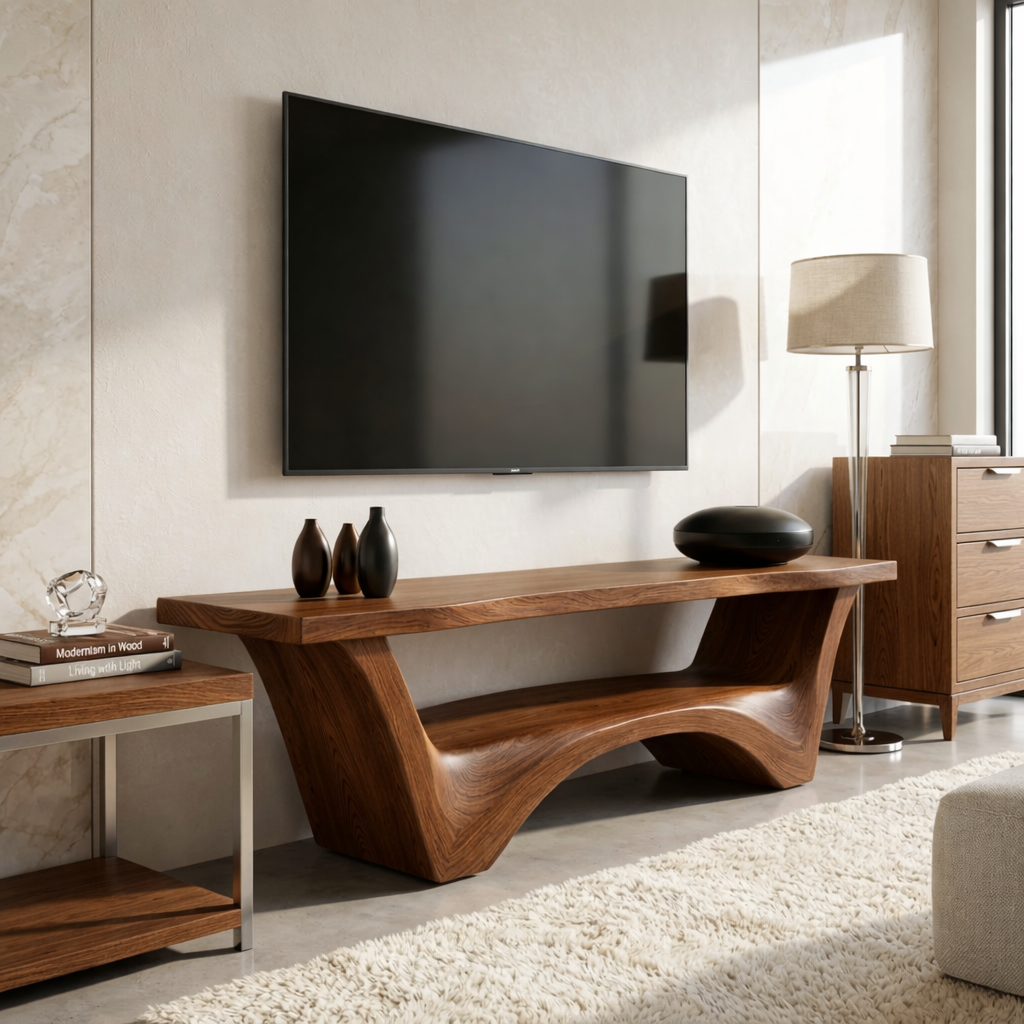 Solid Wood TV Stand with Sculptural Base, Modern Open Media Console
