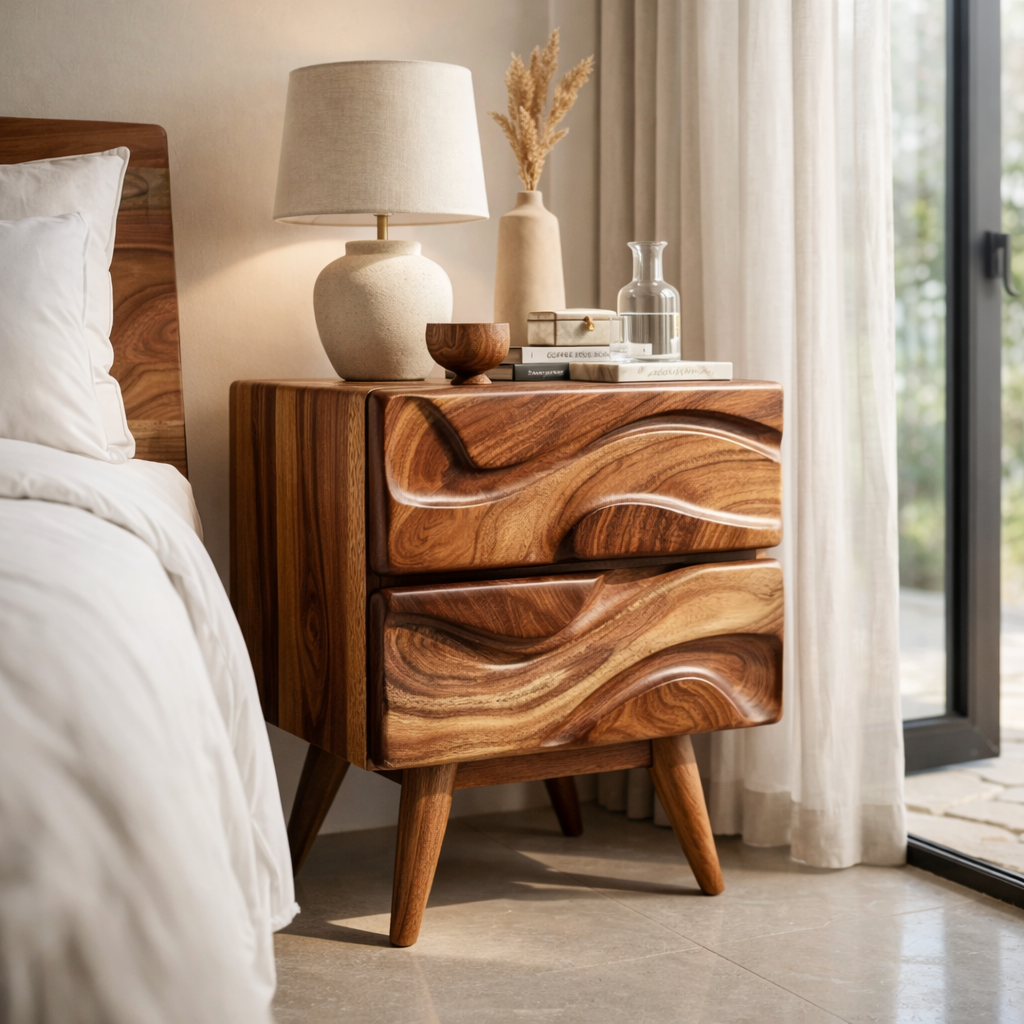 Solid Wood Nightstand with Open Shelf & Drawer – Minimalist Modern Bedside Table
