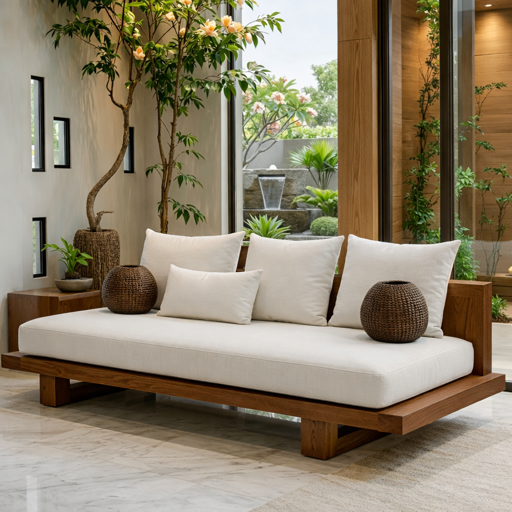 Modern Minimalist Solid Wood Daybed Sofa with White Linen Cushions Zen Style Couch