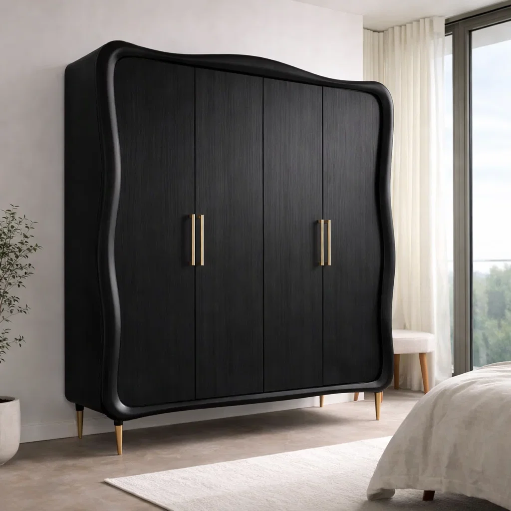 Mid-Century Modern Solid Wood Wardrobe with Curved Design – Spacious Storage