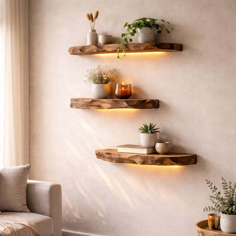 Live Edge Floating Wood Shelf - Natural Rustic Solid Wood Wall Decor