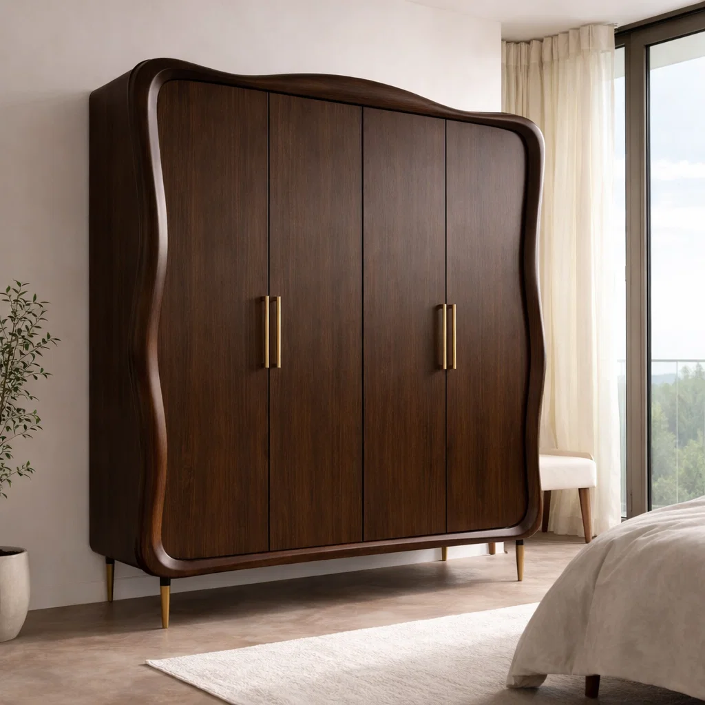 Mid-Century Modern Solid Wood Wardrobe with Curved Design – Spacious Storage