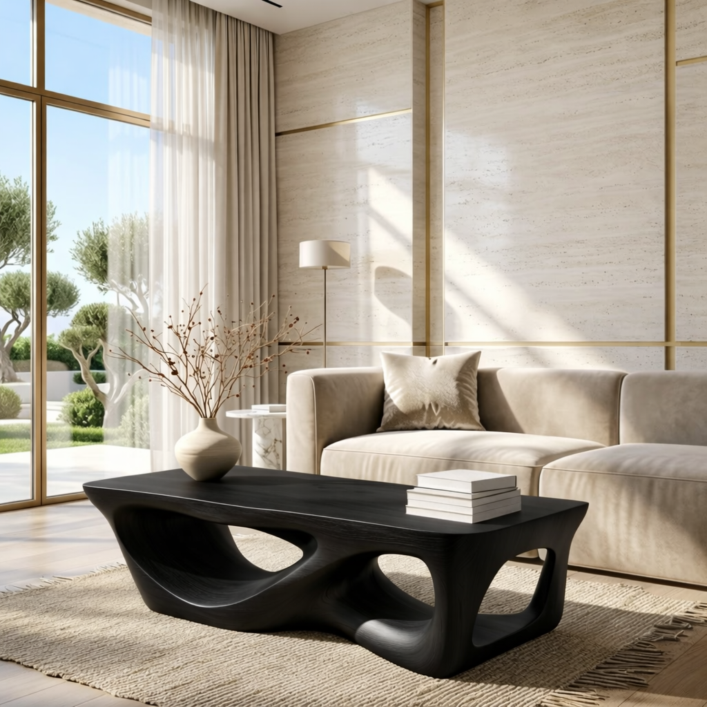 Organic Sculptural Coffee Table with Openwork Base, Modern Living Room Centerpiece