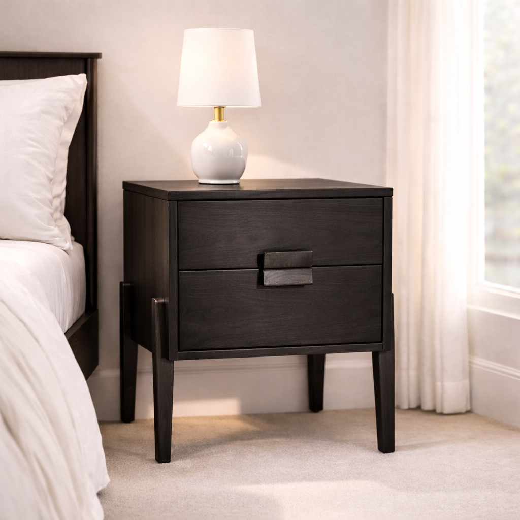 Solid Wood Nightstand with 2 Drawers – Minimalist Modern Bedside Table