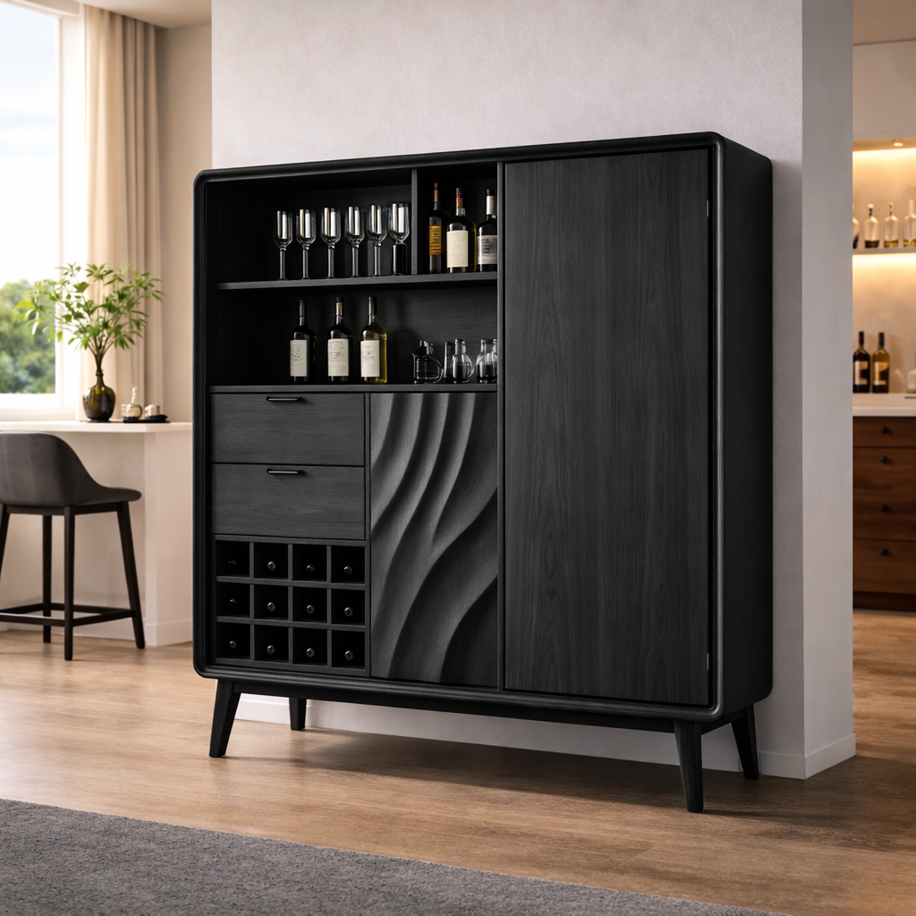 Solid Wood Bar Cabinet with Wine Rack & Storage Drawers – Mid Century Modern Liquor Cabinet