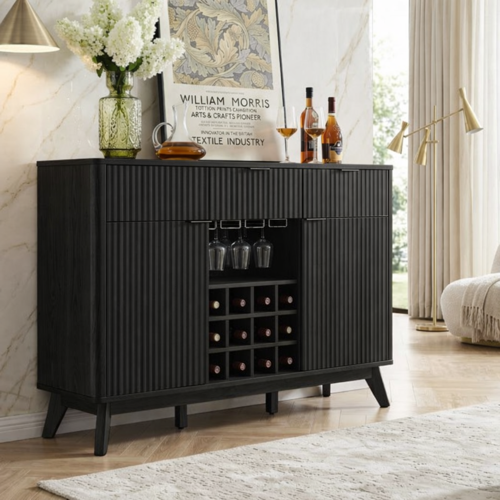 Contemporary Fluted Wooden Bar Cabinet, Wine Storage Sideboard with Glassware Rack