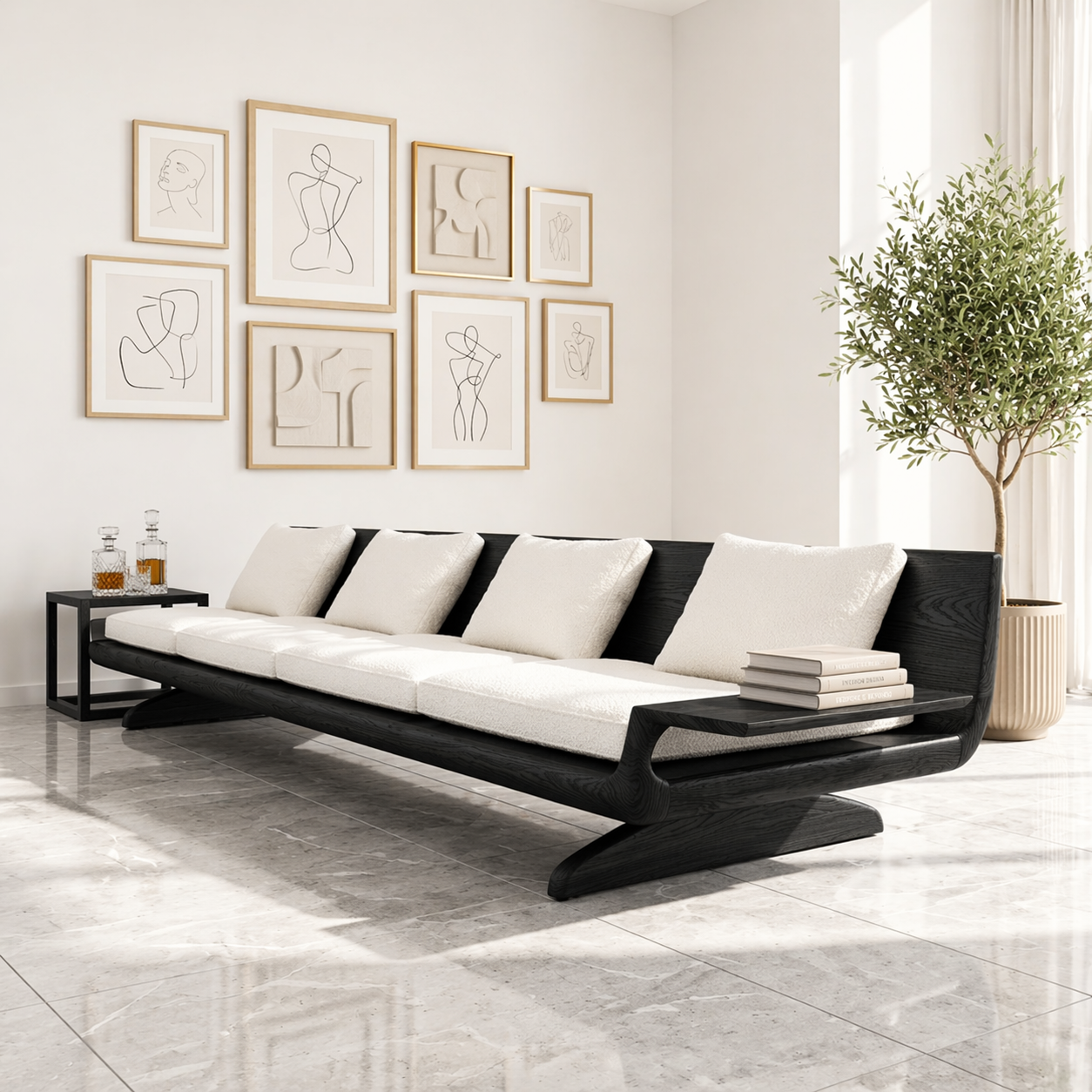 Modern Wooden Sofa, Minimalist Daybed Couch with Integrated Side Display Shelving