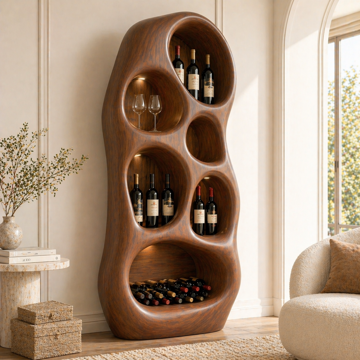 Sculptural Tall Wine Cabinet Freestanding Bottle Display Modern Bar Storage Shelf Unit