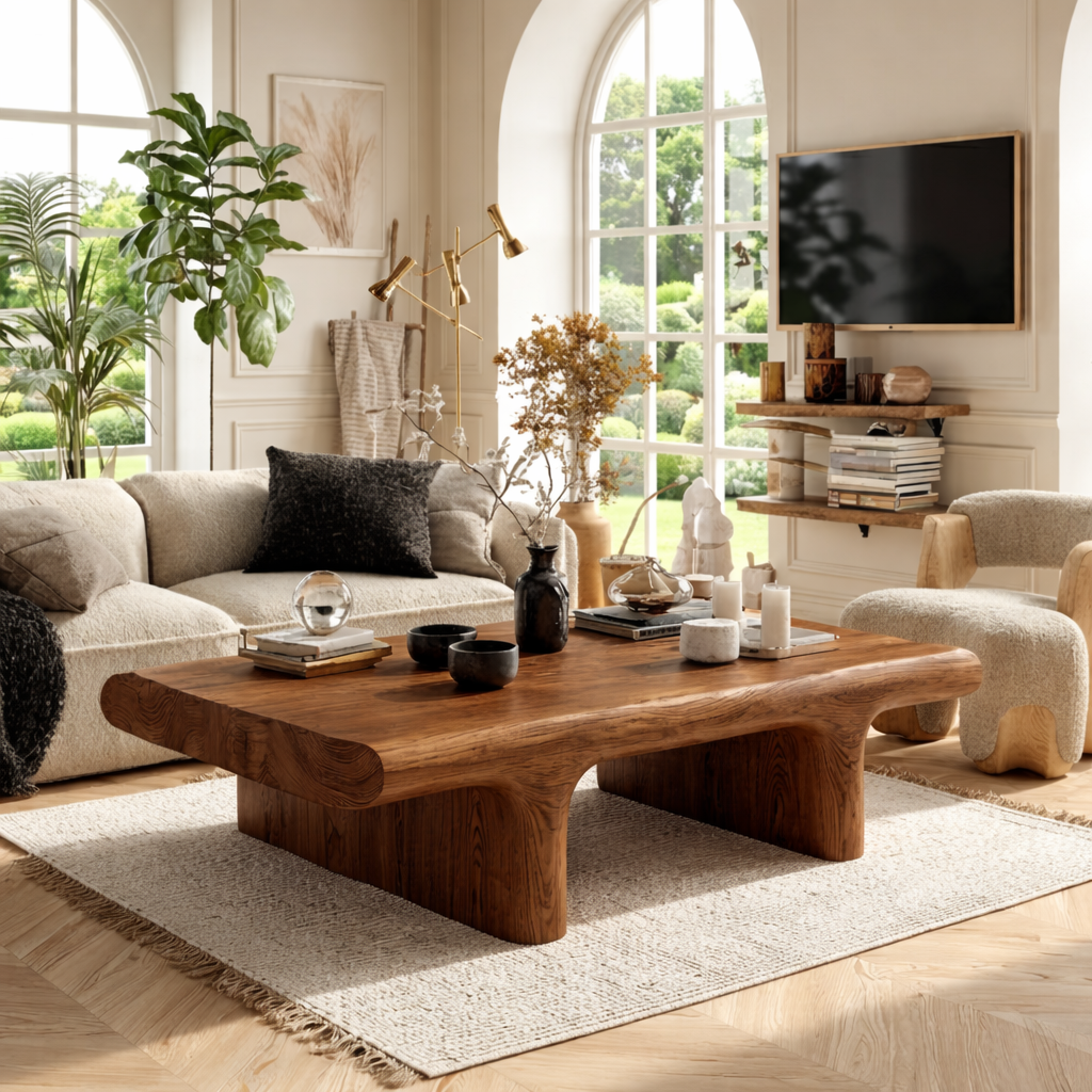 Unique Wooden Coffee Table with Sculptural Curved Design