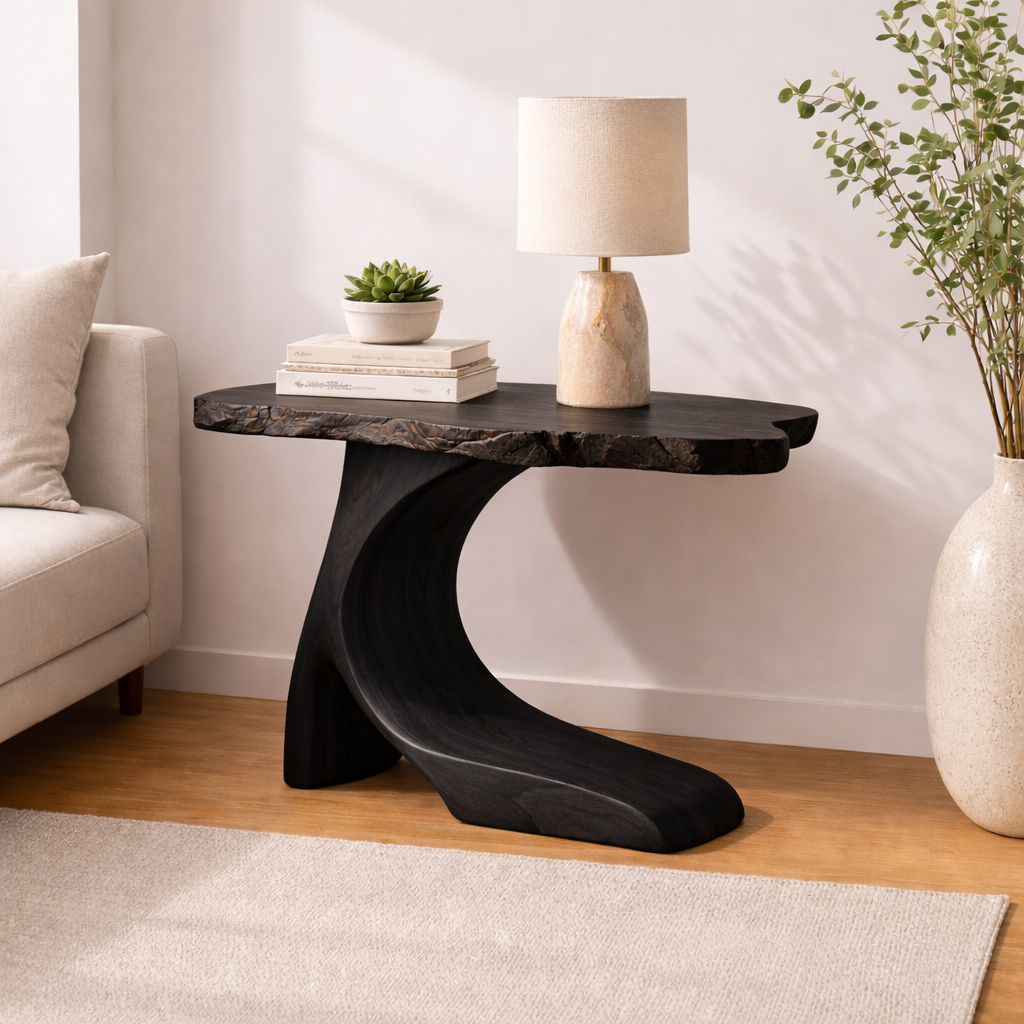 Solid Wood Live Edge End Table with Sculptural Base – Rustic Walnut Side Table