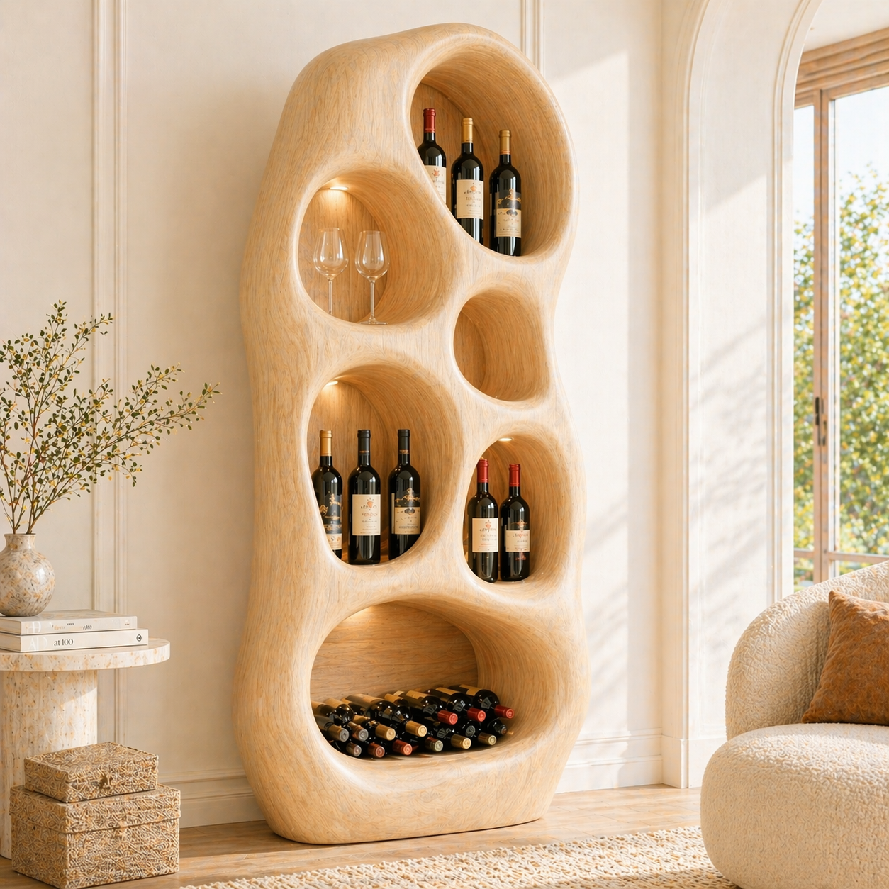 Sculptural Tall Wine Cabinet Freestanding Bottle Display Modern Bar Storage Shelf Unit