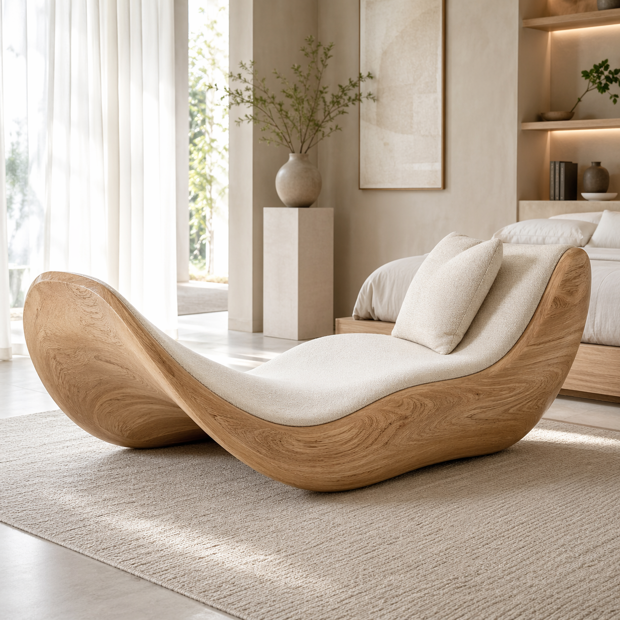 Sculptural Curved Chaise Lounge Modern Daybed with Cushion for Bedroom Decor