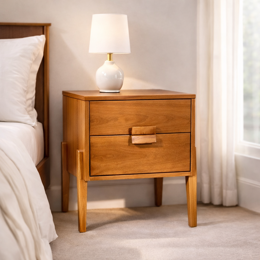 Solid Wood Nightstand with 2 Drawers – Minimalist Modern Bedside Table