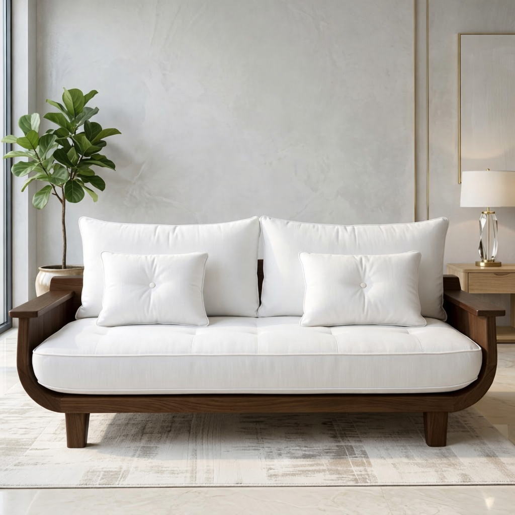 Modern Curved Solid Wood Sofa with White Tufted Cushions Mid Century Seating