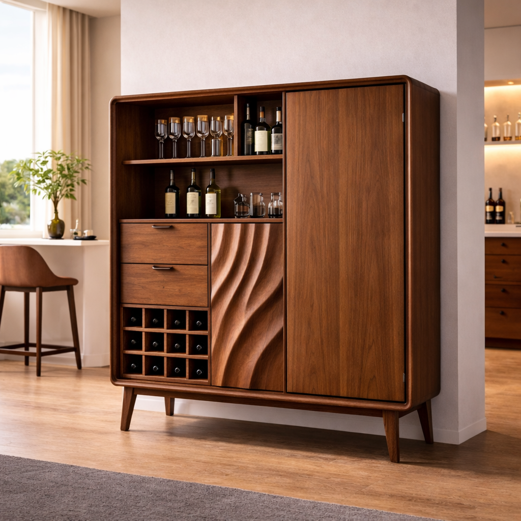 Solid Wood Bar Cabinet with Wine Rack & Storage Drawers – Mid Century Modern Liquor Cabinet