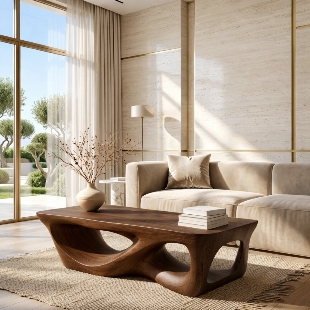 Organic Sculptural Coffee Table with Openwork Base, Modern Living Room Centerpiece