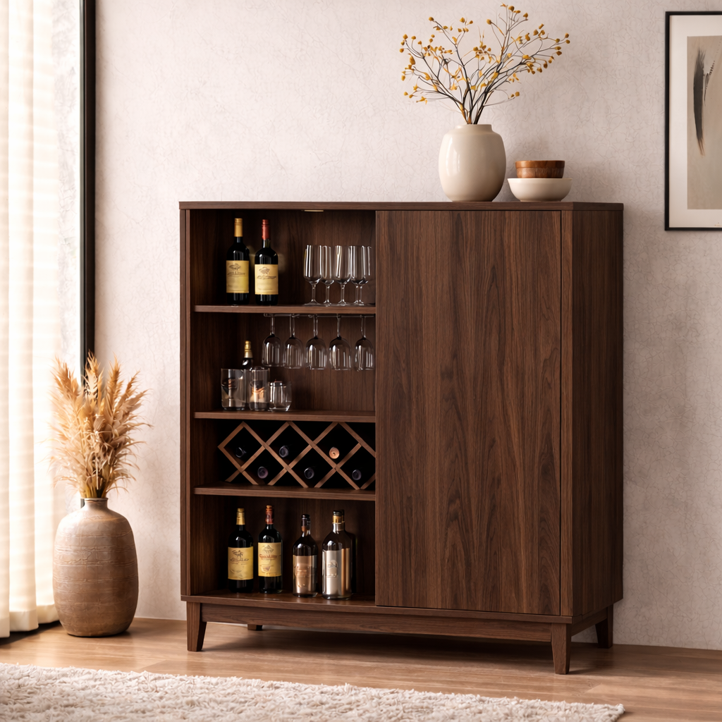 Solid Wood Bar Cabinet with Wine Rack and Glass Storage – Modern Oak Liquor Cabinet