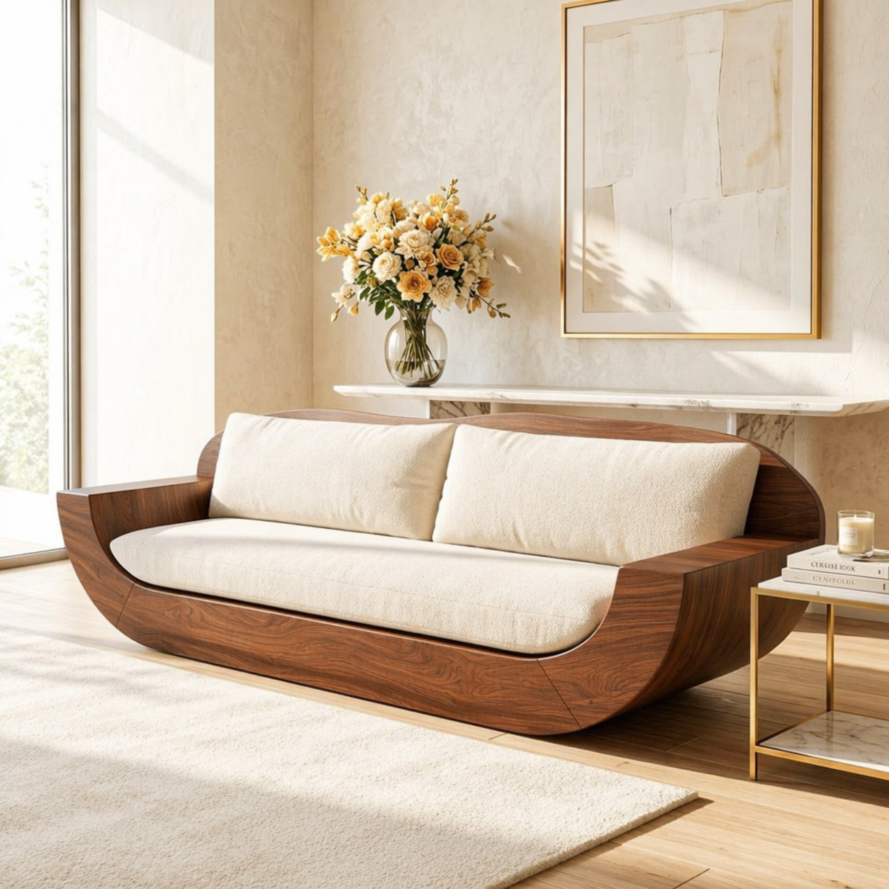 Modern Curved Upholstered Sofa, Sculptural Accent Seating for Elegant Home Interiors