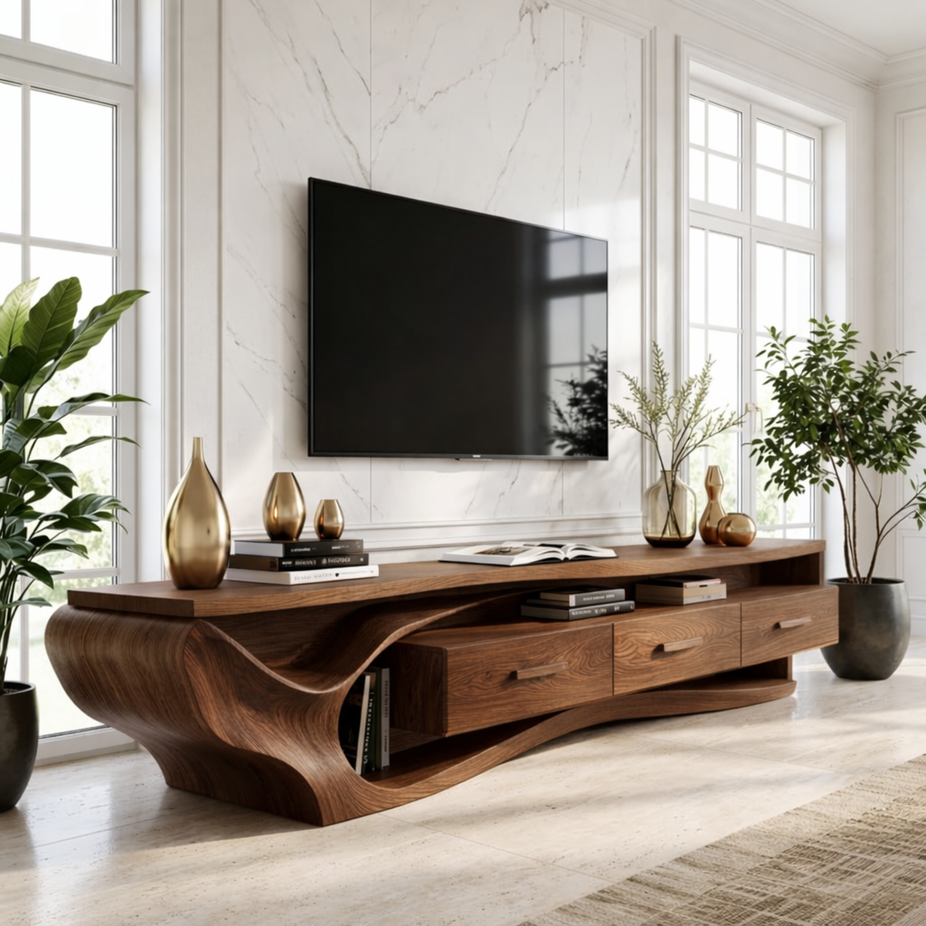 Solid Wood TV Stand with Wave Design, Modern Media Console Cabinet