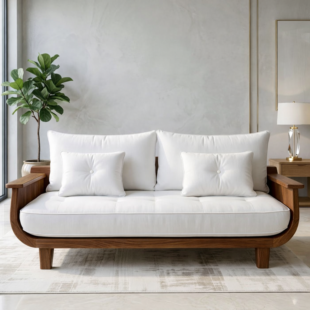 Modern Curved Solid Wood Sofa with White Tufted Cushions Mid Century Seating