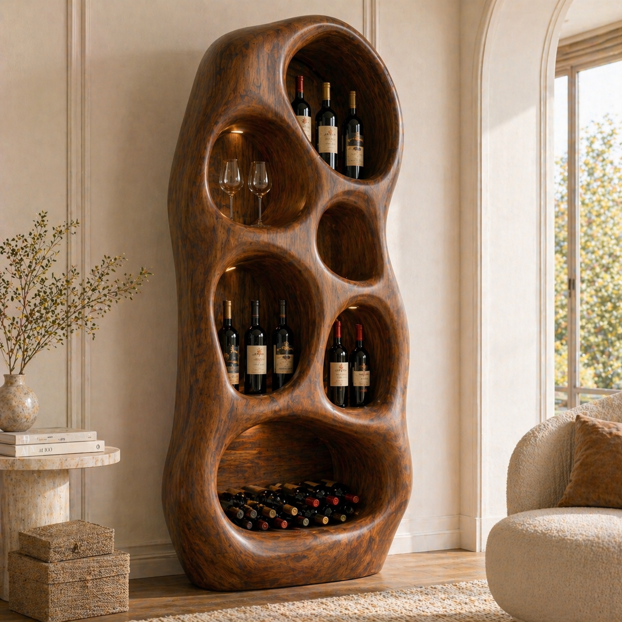 Sculptural Tall Wine Cabinet Freestanding Bottle Display Modern Bar Storage Shelf Unit