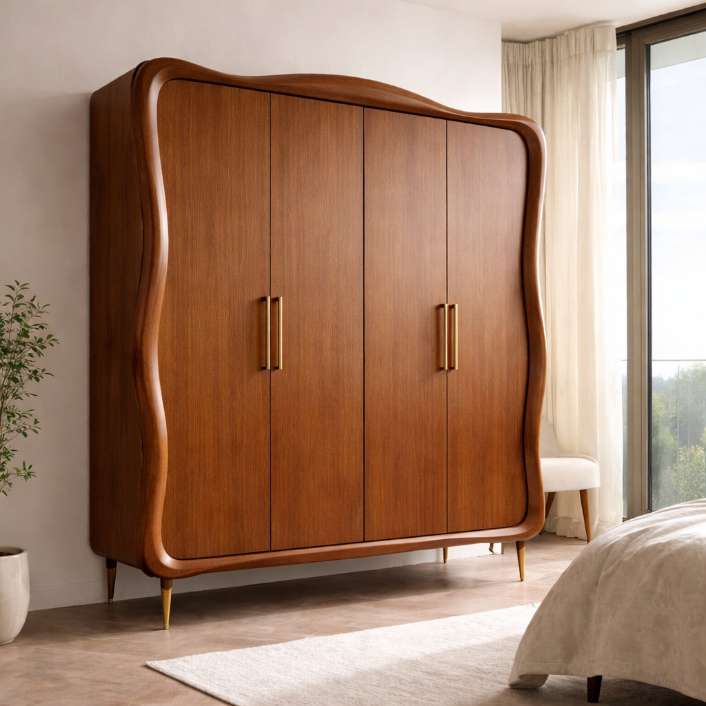 Mid-Century Modern Solid Wood Wardrobe with Curved Design – Spacious Storage