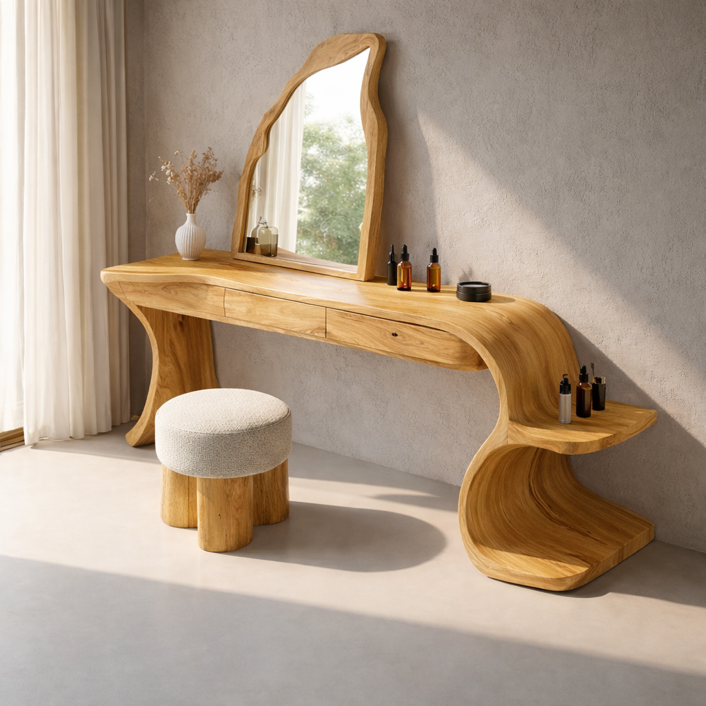 Handcrafted Solid Wood Makeup Vanity with Organic Design and Storage