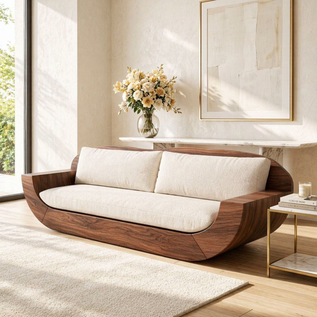 Modern Curved Upholstered Sofa, Sculptural Accent Seating for Elegant Home Interiors