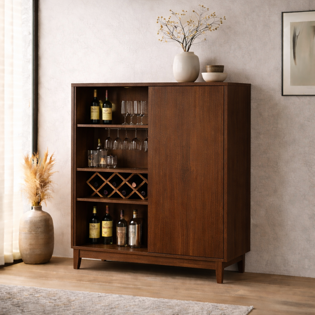 Solid Wood Bar Cabinet with Wine Rack and Glass Storage – Modern Oak Liquor Cabinet