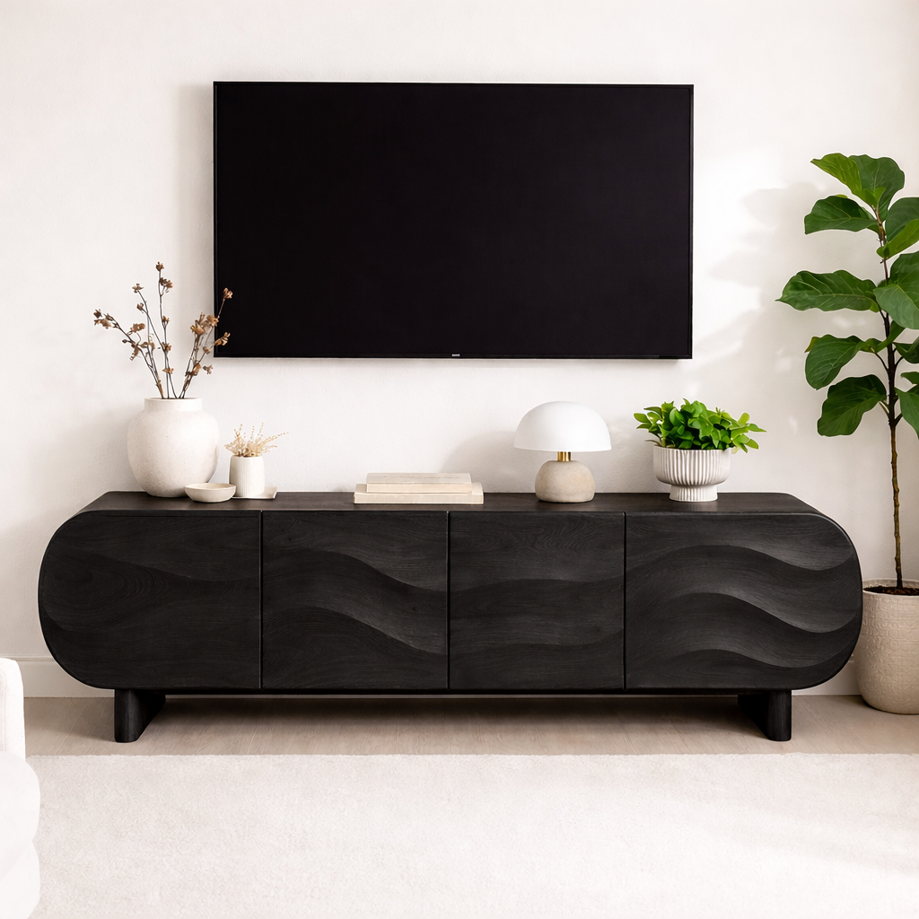 Modern Curved Wood TV Stand Long Media Console Storage Cabinet Low Profile Entertainment Center Kitchnce