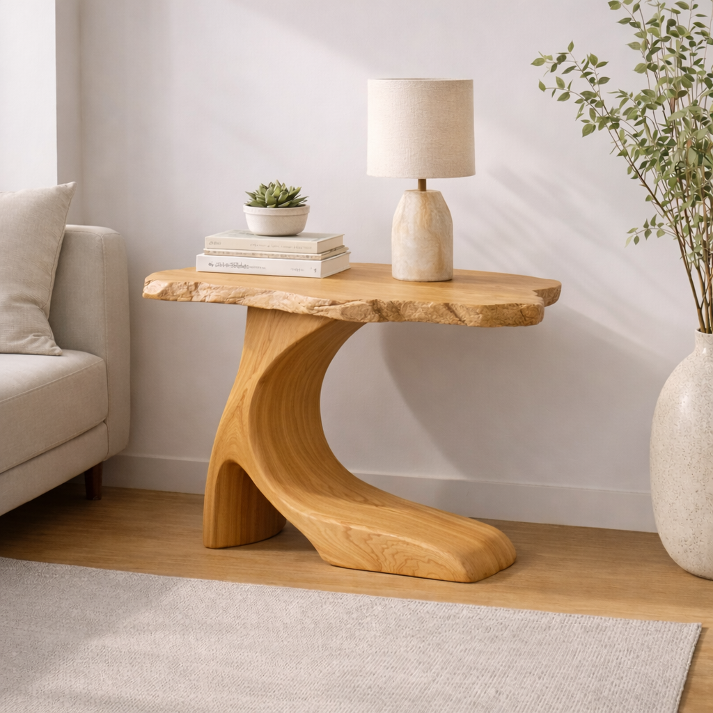 Solid Wood Live Edge End Table with Sculptural Base – Rustic Walnut Side Table