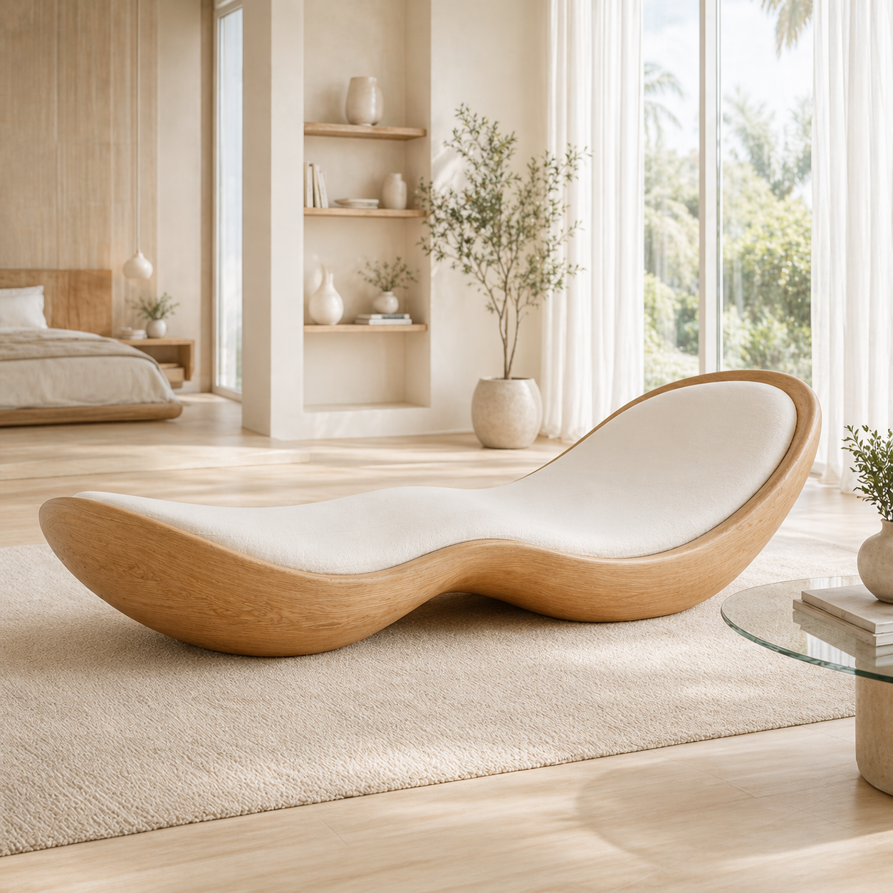 Modern Curved Chaise Lounge Sculptural Daybed with Cushion for Bedroom Decor
