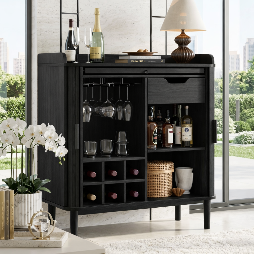 Elegant Modern Wooden Bar Cabinet, Fluted Home-Bar Console with Wineglass Storage