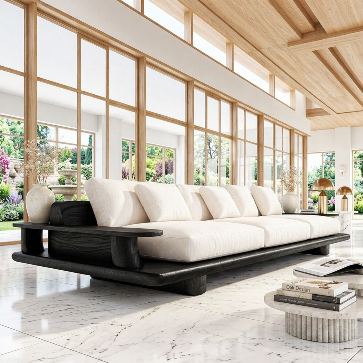 Modern Wooden Platform Sofa, Luxury Minimalist Couch with Integrated Side Tables