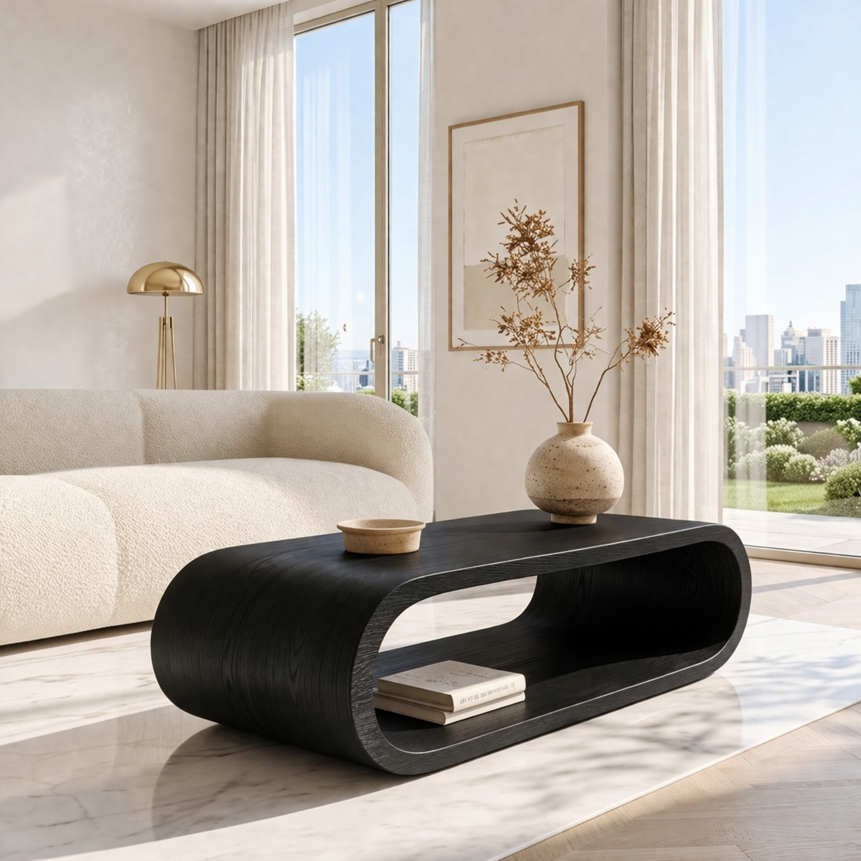 Modern Curved Coffee Table with Open Shelf for Contemporary Minimalist Interiors