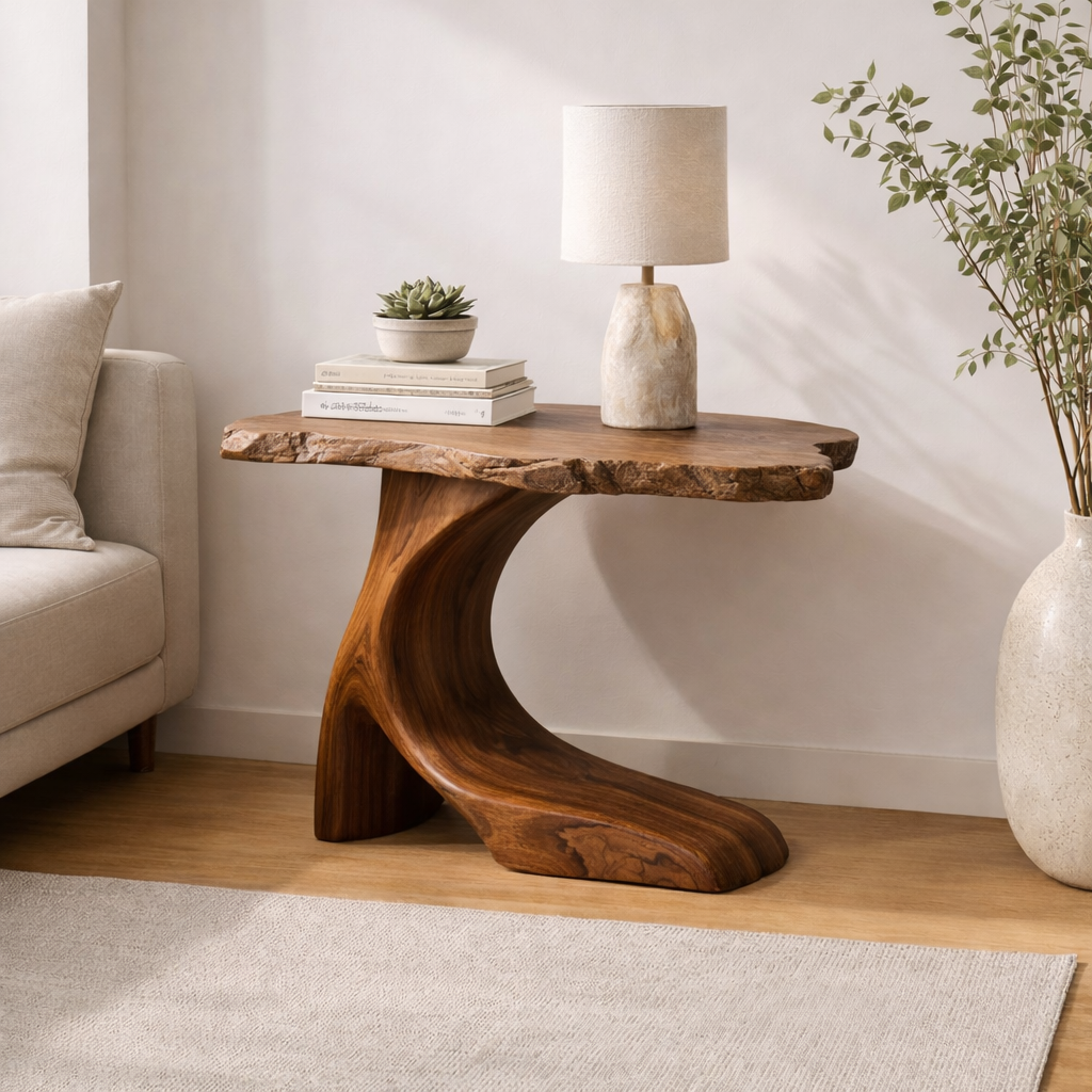 Solid Wood Live Edge End Table with Sculptural Base – Rustic Walnut Side Table