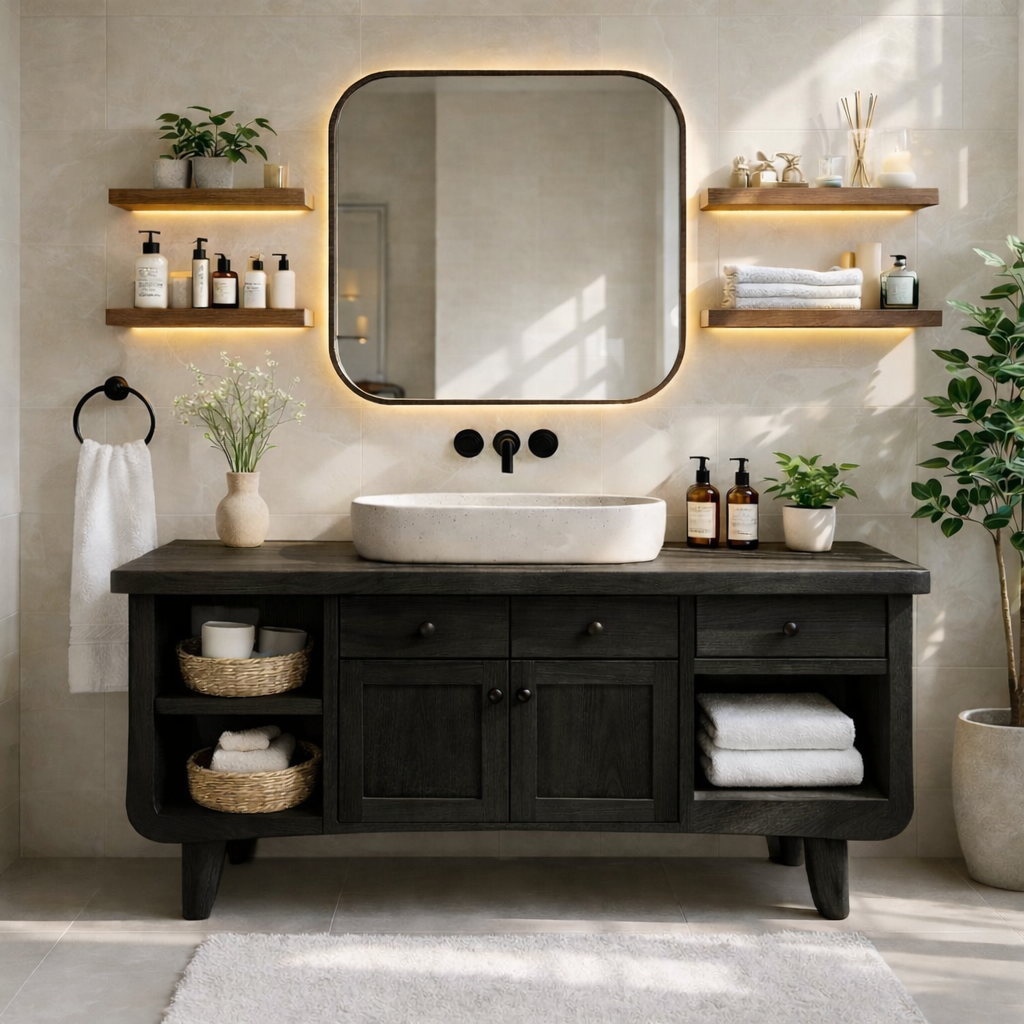 Modern Farmhouse Bathroom Vanity Cabinet With Drawers And Open Shelf Storage Kitchnce