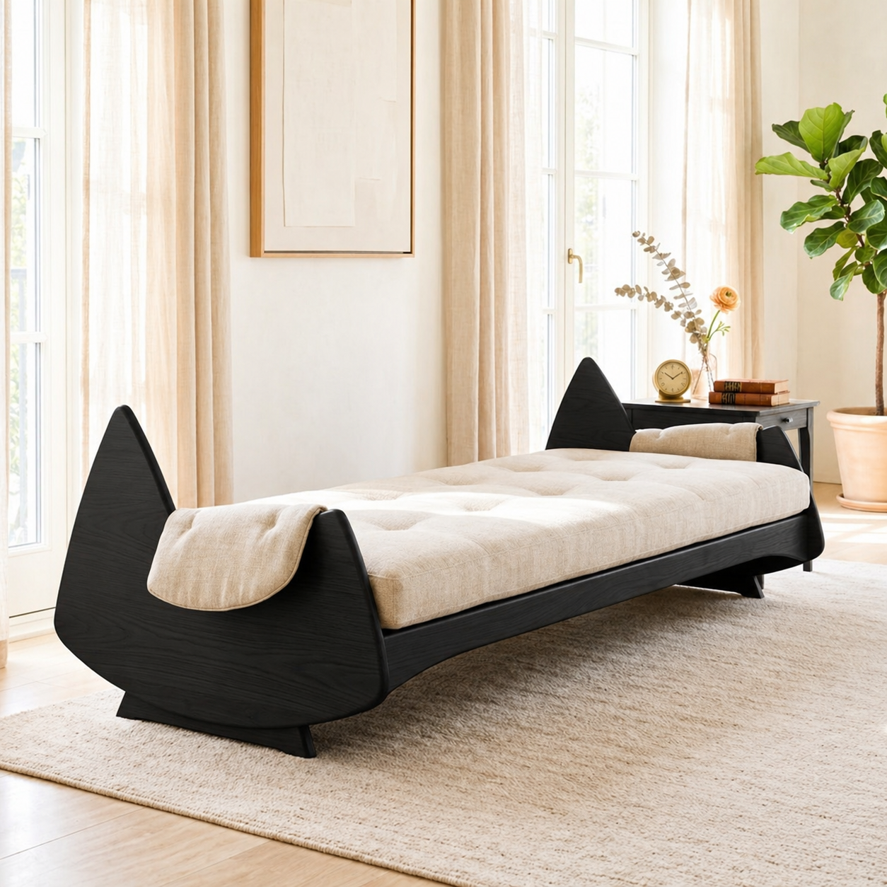 Sculptural Upholstered Daybed With Arched Ends, Cream Cushion, Bedroom Lounge Bench