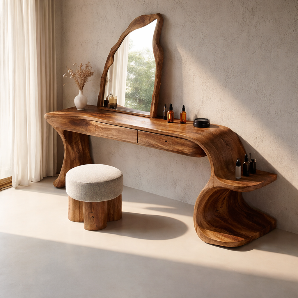 Handcrafted Solid Wood Makeup Vanity with Organic Design and Storage