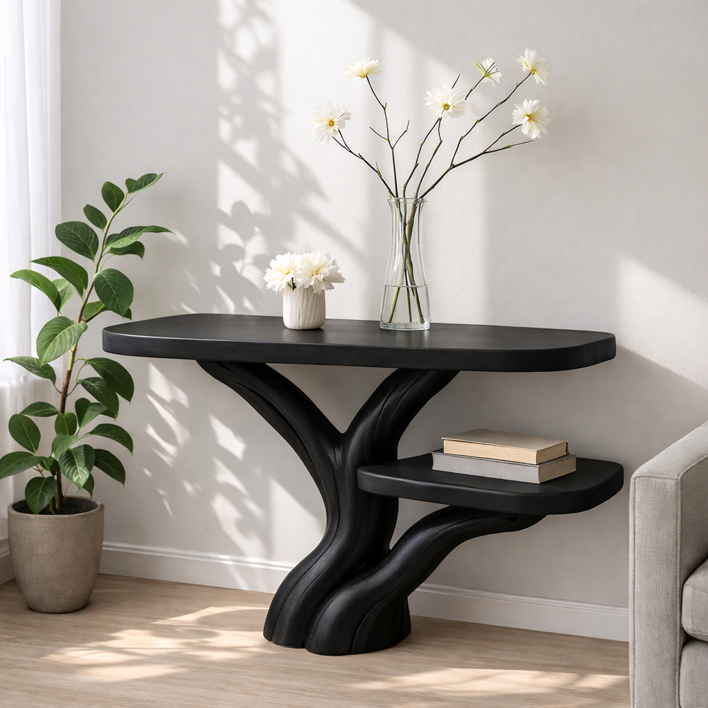 Handcrafted Tree Console Table – Solid Wood Entryway Table with Natural Root Design and Floating Shelf